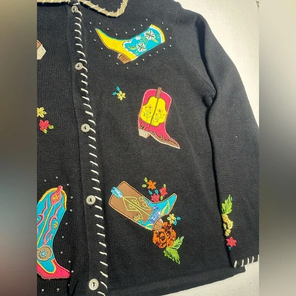 Arriviste Western Boot Embroidered Cardigan Sweater Vintage Cowgirl Rodeo Jacket - Picture 5 of 7